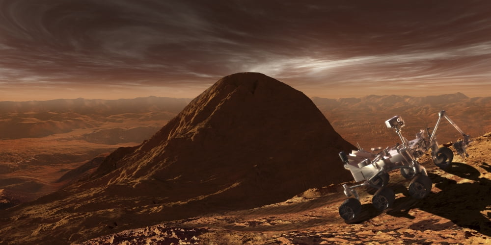 NASAs Curiosity rover climbing to the summit of Mount Sharp Canvas Art - Steven HobbsStocktrek Images (20 x 10)