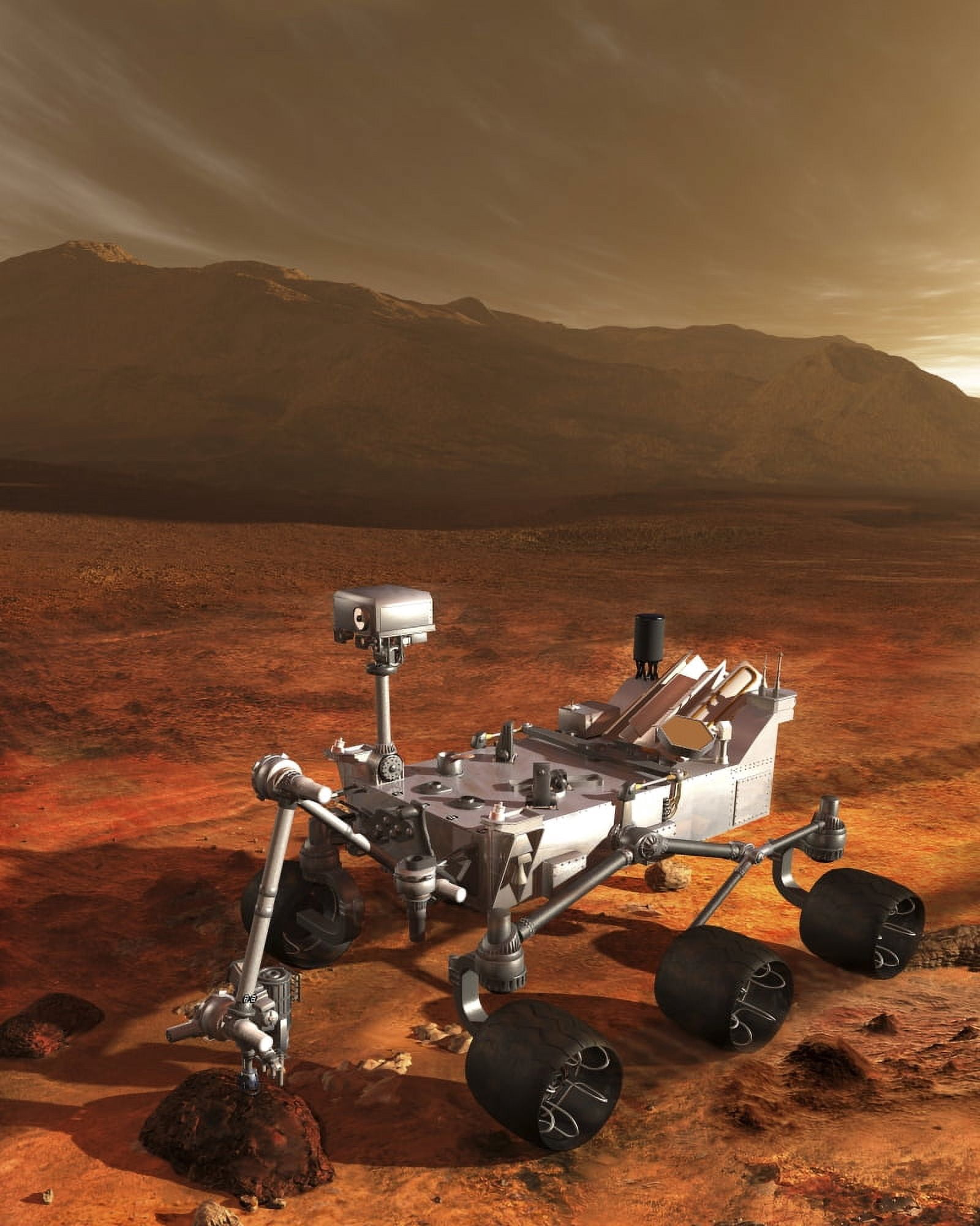 NASAs Curiosity rover samples a rock on the floor of Gale Crater Canvas Art - Steven HobbsStocktrek Images (13 x 16)