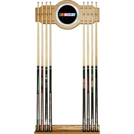 NASCAR Stained Wood Cue Rack with Mirror - Black, White, Yellow, Red, Blue