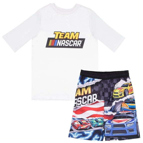 NASCAR Boys 2-Piece Swim Set - Short Sleeve Rash Guard Swim Shirt and Matching Swim Trunks Bundle for Kids (Sizes 8-12)