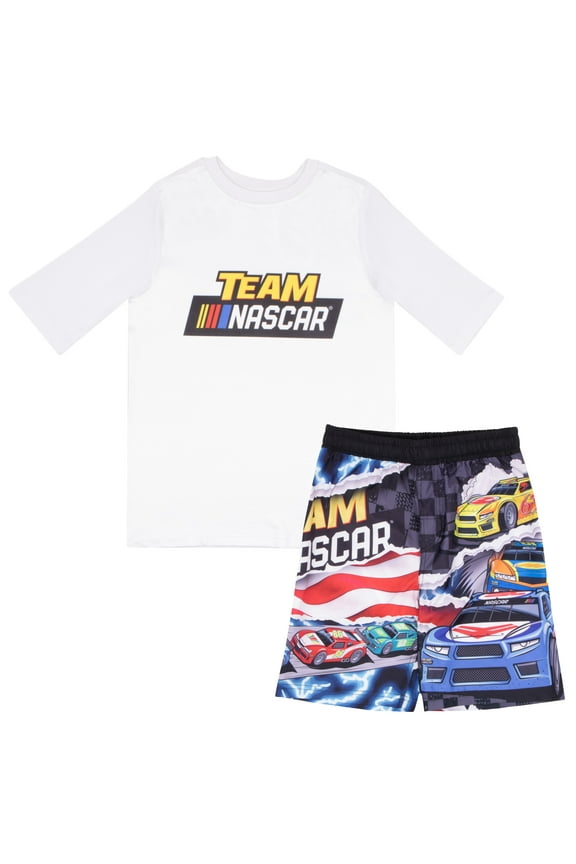NASCAR Boys 2-Piece Swim Set - Short Sleeve Rash Guard Swim Shirt and Matching Swim Trunks Bundle for Kids (Sizes 8-12)