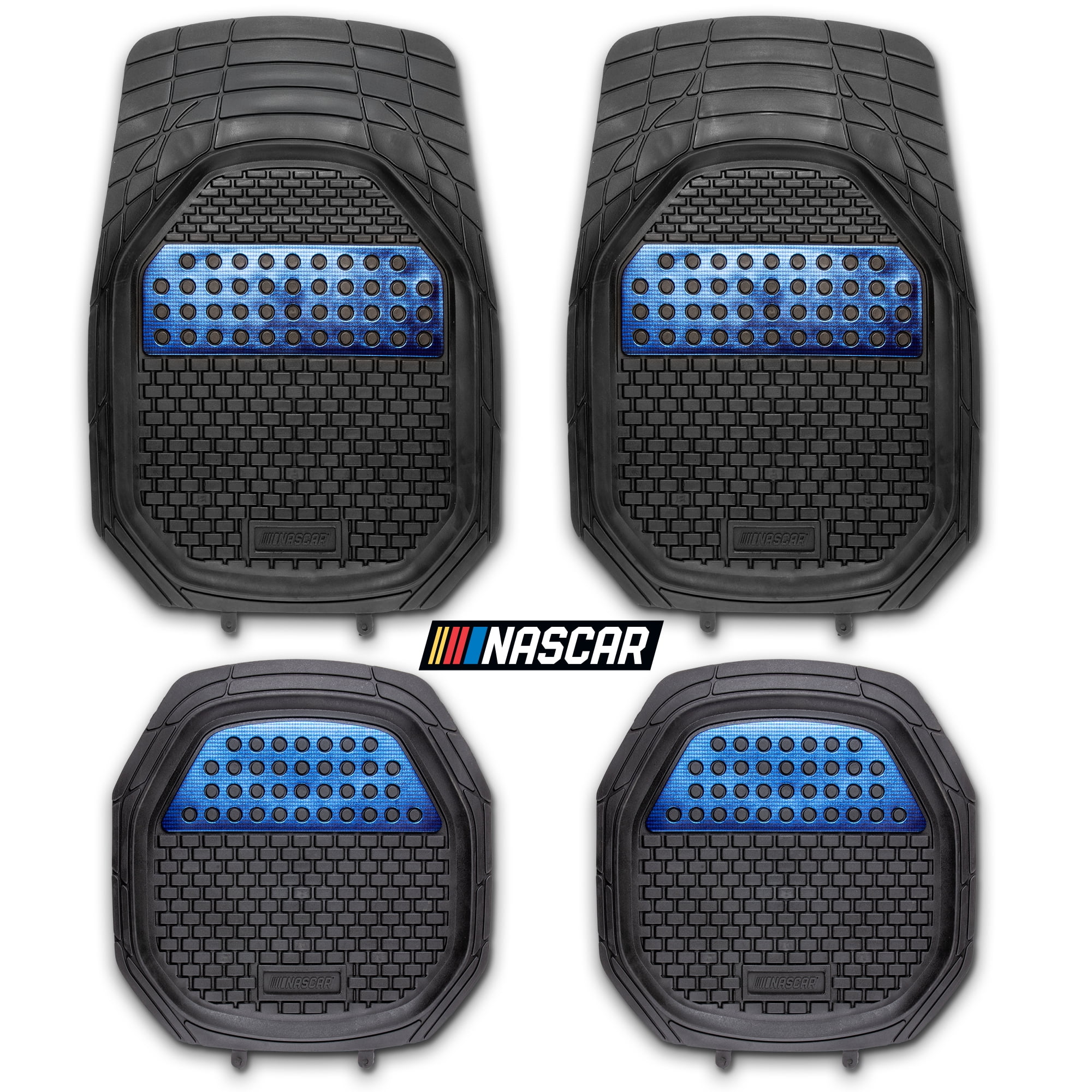 NASCAR Elite Car Floor Mats 4-Piece Set | Heavy Duty All-Weather | Universal Trim-to-Fit, Car, Truck, & SUV | Traps Dirt, Snow & Water- Black & Blue