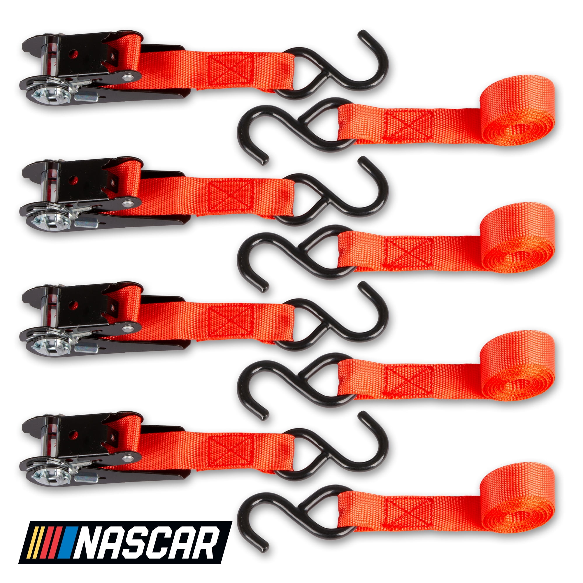 NASCAR Ratchet Tie-Down Straps Set | 4 Piece,10 Ft Length | 300 lbs Load Capacity, 900 lbs Break Strength | Durable | Truck Bed, ATV & Cargo Tie-Down