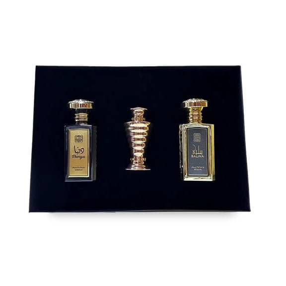 NASEEM Tahmid Luxury Fragrance Gift Set  Dunya Perfume Spray 100ml, Salwa Alcohol-Free 100ml & Concentrated Perfume Oil 10ml  Long Lasting Unisex Collection