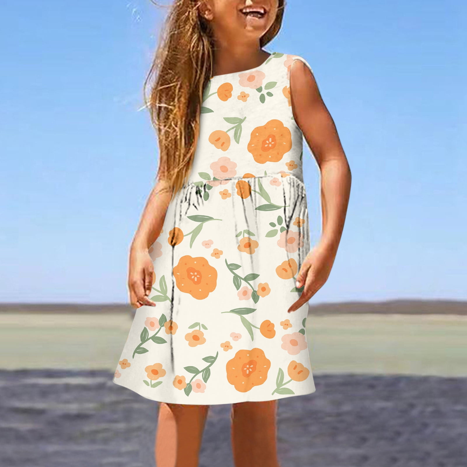 NASIQXB Simple Dresses for Kids Big Girl Dress6 Girls Fashion Cute Spring And Summer Printed Round Neck Sleeveless Casual Dress 2 Belle Dress Summer Dresses for Kids Walmart