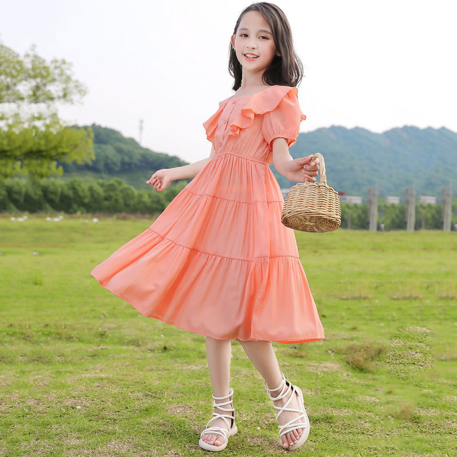 NASIQXB Watermelon Dress Toddler Girl Toddler Girl Fall Dress 4t Girls Toddler Kids Neck Short Sleeves Casual Soild Maxi Dress Simple Formal Dress