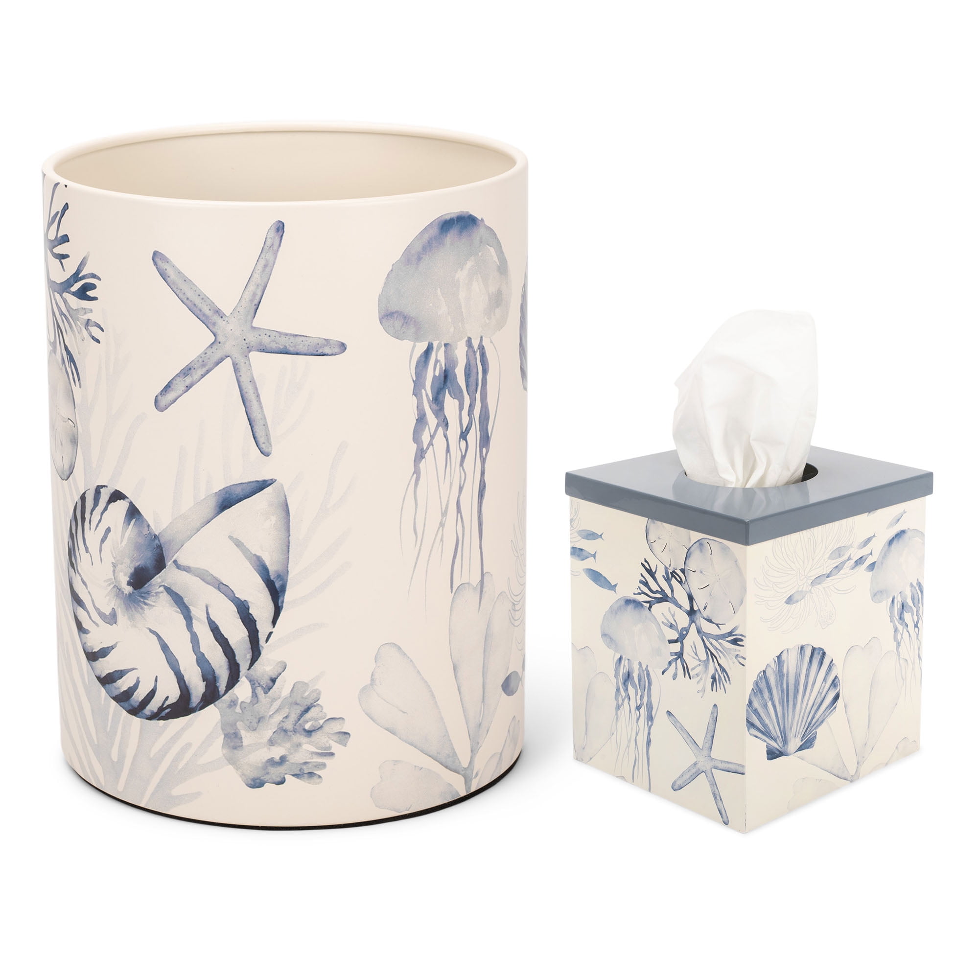 NAT AND JULES Round Bathroom Trash Can Wastebasket and Cube Tissue Box Holder Organizer Matching