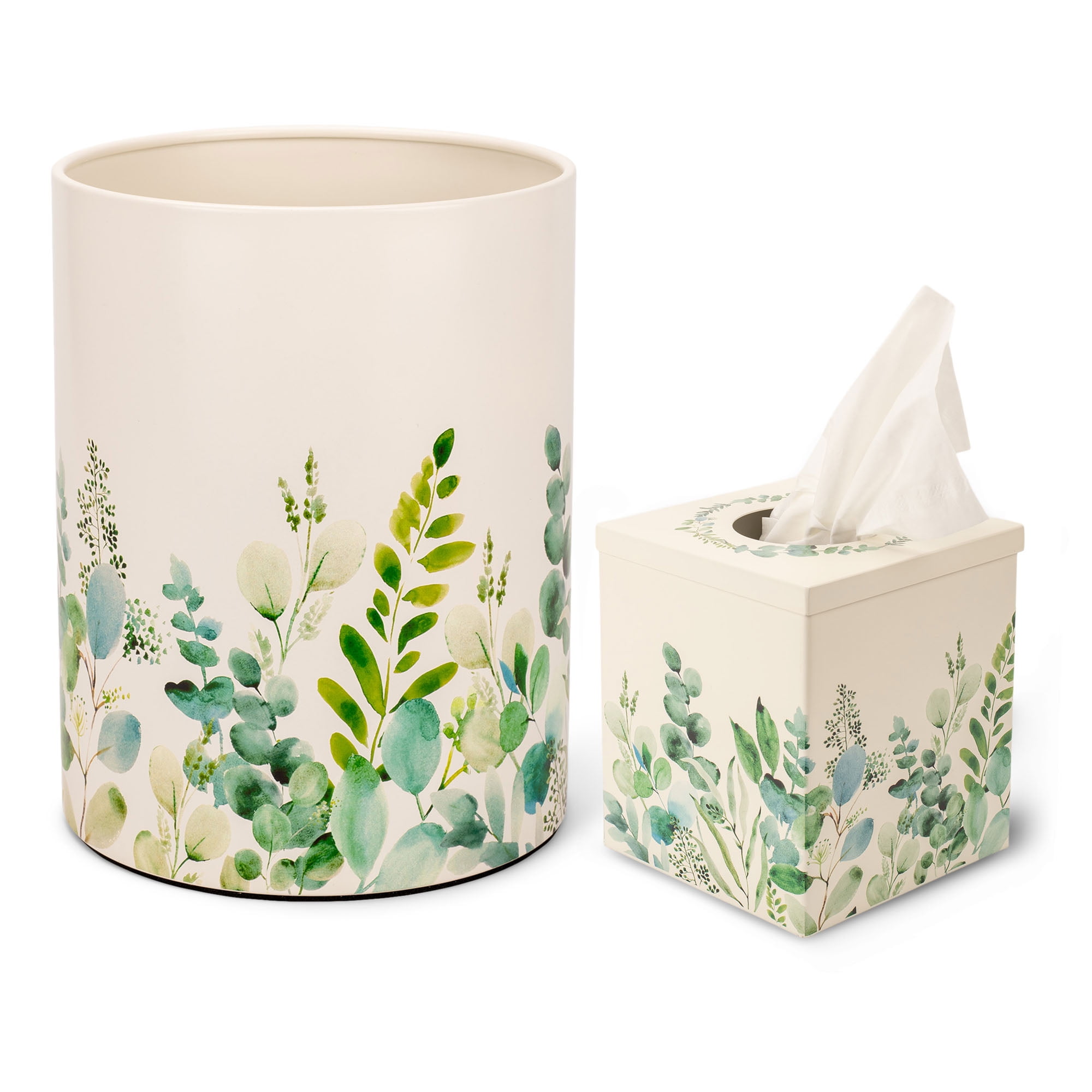 NAT AND JULES Round Bathroom Trash Can Wastebasket and Cube Tissue Box Holder Organizer Matching