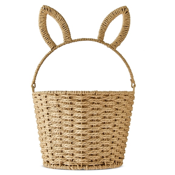 Round Bunny Ear Handle Paper Basket, Beige, 9" x 6.5", Easter by Way To Celebrate
