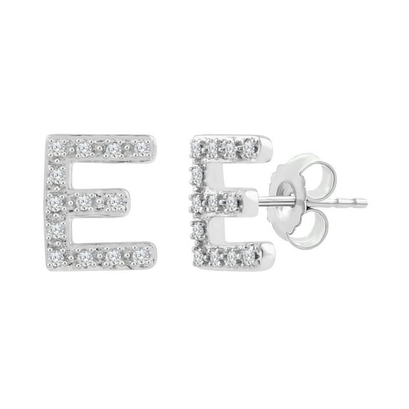 NATALIA DRAKE Alphabet Initial 1/10 Cttw Diamond Stud Earrings for Men or Women in Rhodium Plated Sterling Silver Letter E (Color H-I / Clarity I1-I2)