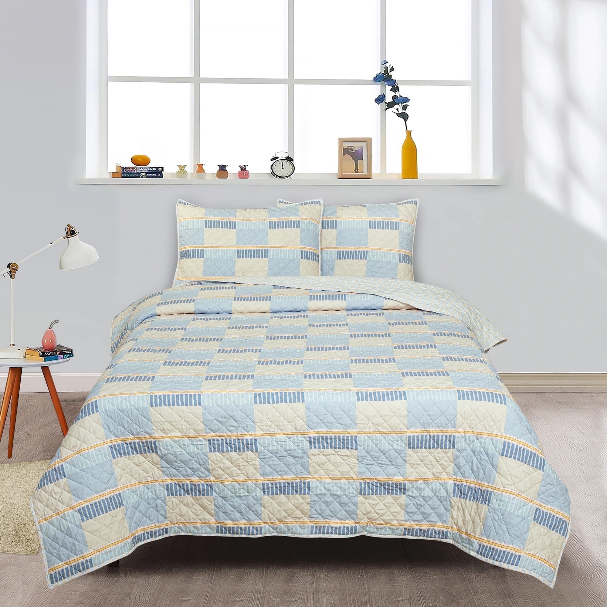 SCAD Piece by Piece Stripe 3 Piece Quilt Set, Blue and Yellow Stripe, Includes 2 Pillow Shams, Twin XL