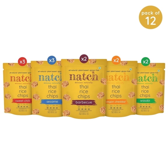 Natch - Thai Rice Chips - 12 Snack Packs Assorted, Sesame, Sweet Chilli, Wasabi, Vegan Cheddar, BBQ (25g each)