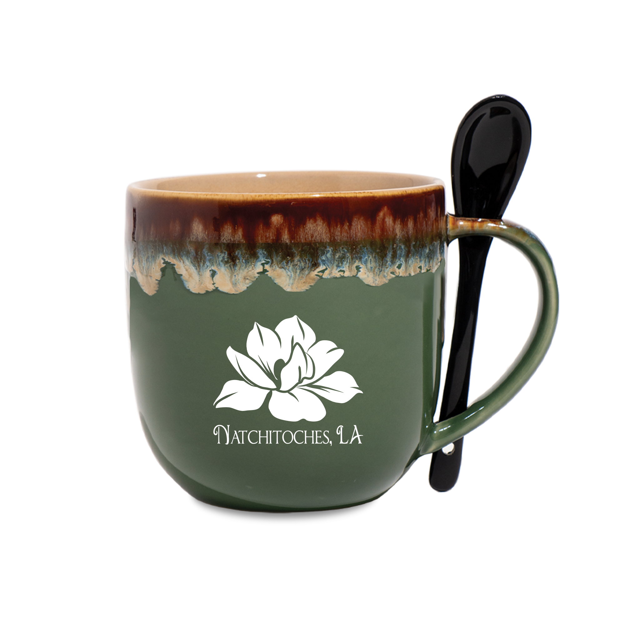 NATCHITOCHES, LA WITH MAGNOLIA FLOWER 18OZ CERAMIC SPOON MUG GREEN