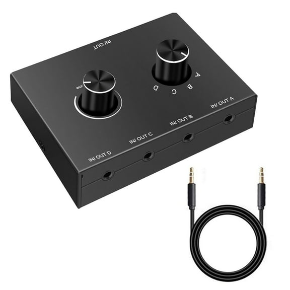 NATEFEMIN 3.5mm AB Selector 4-Port Compact Audio Switch Hot Swappable Plug & Play Headphone Rotary Knob