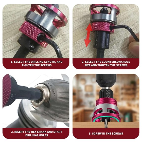 NATEFEMIN 6Pcs Countersink Drill Bit Set Clear Scale Adjustable Slot Dual Purpose for Fibreboard Chipboard Hardwood Drilling