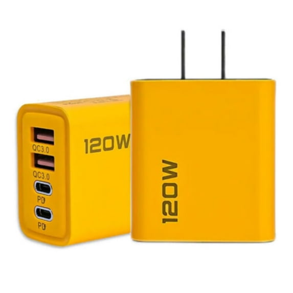 NATEFEMIN Portable Yellow 120W Double PD Fast Charger USB Multiport 4 Port Charging for Smartphones Tablets