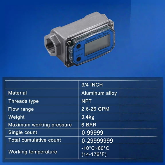 NATEFEMIN Turbine Flow Meter 3/4 Inch NPT Auto Power Saving Design Long Battery Life For Fluid Flow Measurement