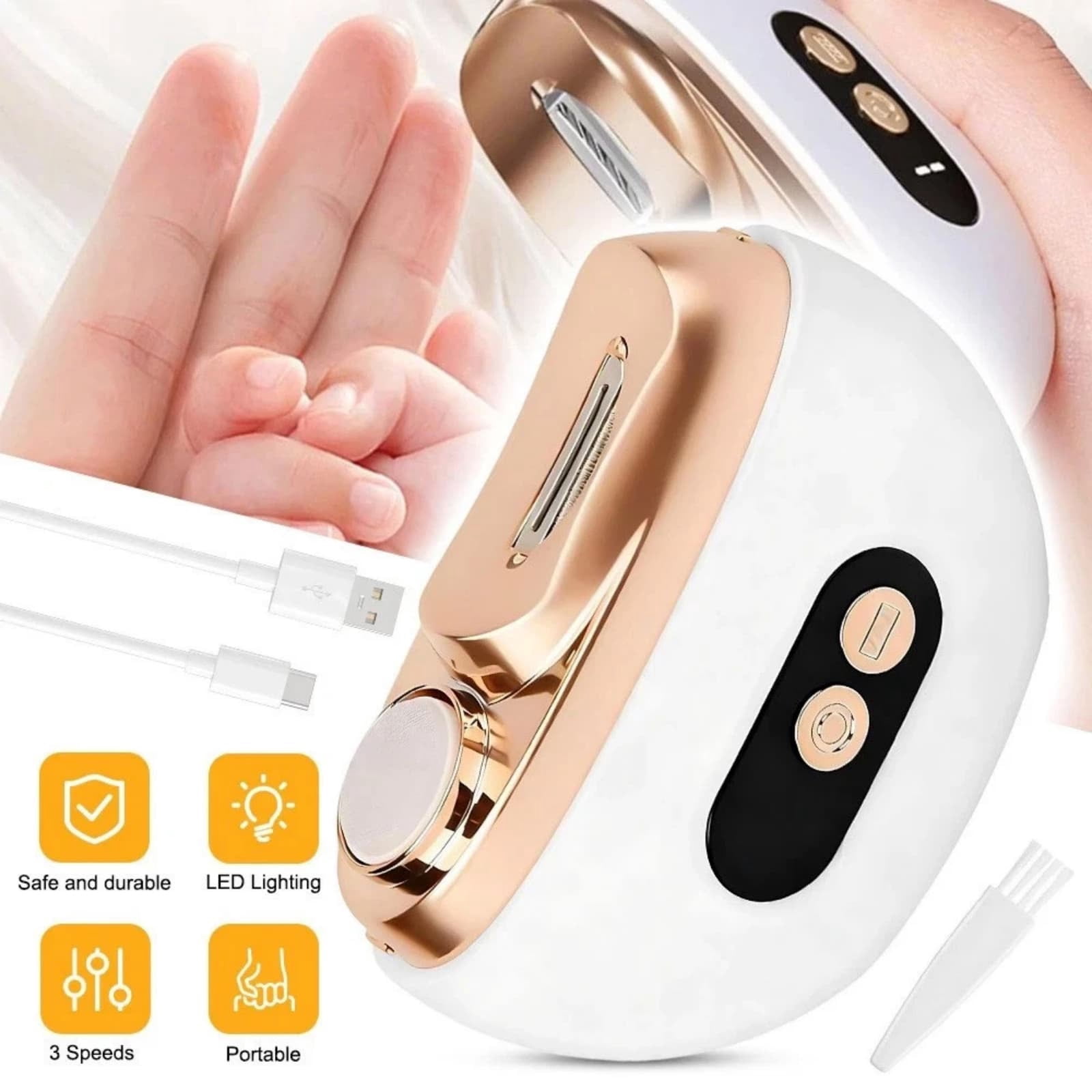 NATEFEMIN White Nail Grooming Tool 3 Speed For Babies Elders High Strength Alloy Cutter 360 Degree Grinding Head Manicure Device