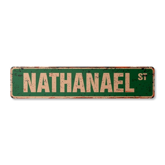 NATHANAEL Vintage Aluminum Street Sign Childrens Name Room Metal Sign rustic metal tin | Indoor/Outdoor | 30" Wide