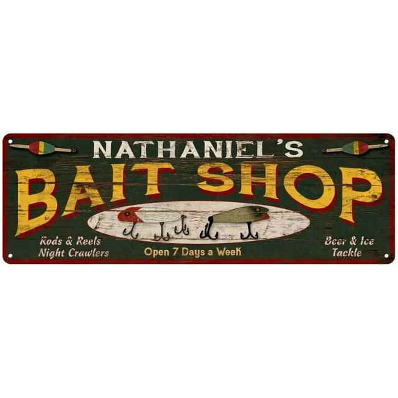 NATHANIEL'S Bait Shop Sign Wood Look Man Cave Den Gift 6x18 Metal 106180024209