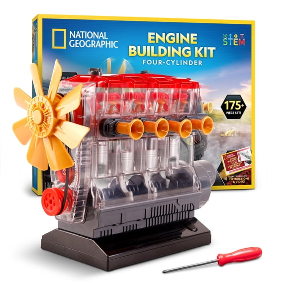 NATIONAL GEOGRAPHIC 4-Cylinder Engine Building Kit – 175+ Piece Working Model with Moving Parts, Clear Visible Engine Model