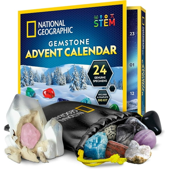 NATIONAL GEOGRAPHIC Rock Advent Calendar 2025 - Christmas Countdown with 24 Gemstones to Discover Each Day, Includes Dig Kit & Collection Box for Kids