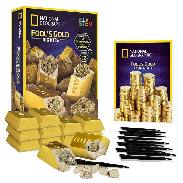  NATIONAL GEOGRAPHIC Fool's Gold Dig Kit – 12 Gold Bar Dig  Bricks with 2-3 Pyrite Specimens Inside, Party Activity with 12 Excavation  Tool Sets, Great Stem Toy for Boys & Girls