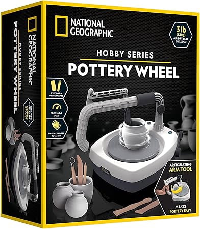 NATIONAL GEOGRAPHIC Hobby Pottery Wheel Kit - 8" Variable Speed Pottery Wheel for Adults & Teens Age 14+ with Innovative Arm Tool, 3 lbs. Air Dry Clay & Art Supplies