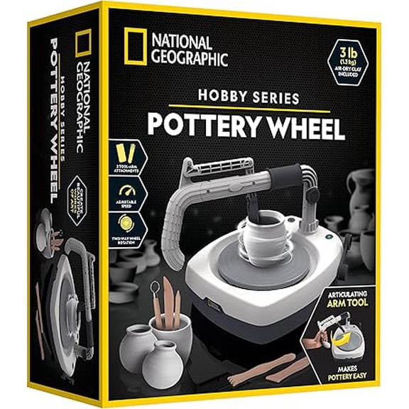 NATIONAL GEOGRAPHIC Hobby Pottery Wheel Kit - 8" Variable Speed Pottery Wheel for Adults & Teens Age 14+ with Innovative Arm Tool, 3 lbs. Air Dry Clay & Art Supplies