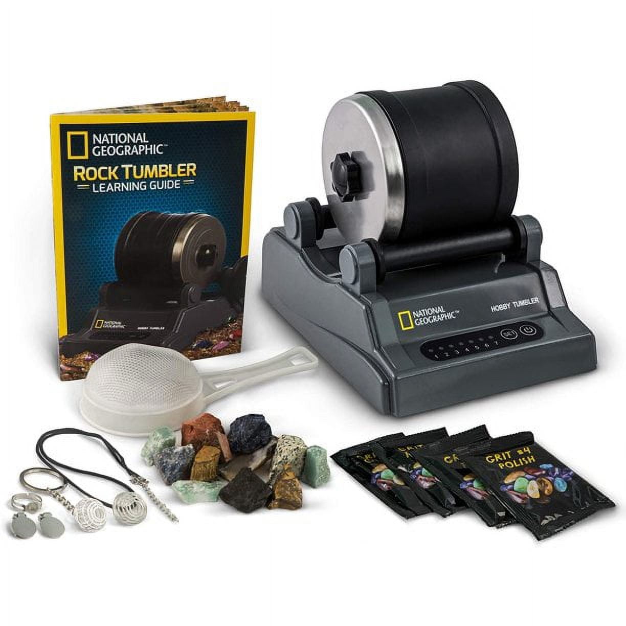 NATIONAL GEOGRAPHIC Hobby Rock Tumbler Kit Includes Rough Gemstones, 4 Polishing Grits