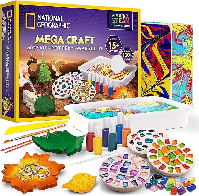 NATIONAL GEOGRAPHIC Mega Arts and Crafts Kit for Kids, Mosaic Kit, Marbling Paint Kit & Air Dry Clay Pottery Kit - Art Projects for Kids Ages 8-12, Crafts for Girls and Boys - NATIONAL GEOGRAPHIC Mega Arts and Crafts Kit for Kids, Mosaic Kit, Marbling Paint Kit & Air Dry Clay Pottery Kit - Art Projects for Kids Ages 8-12, Crafts for Girls and Boys -