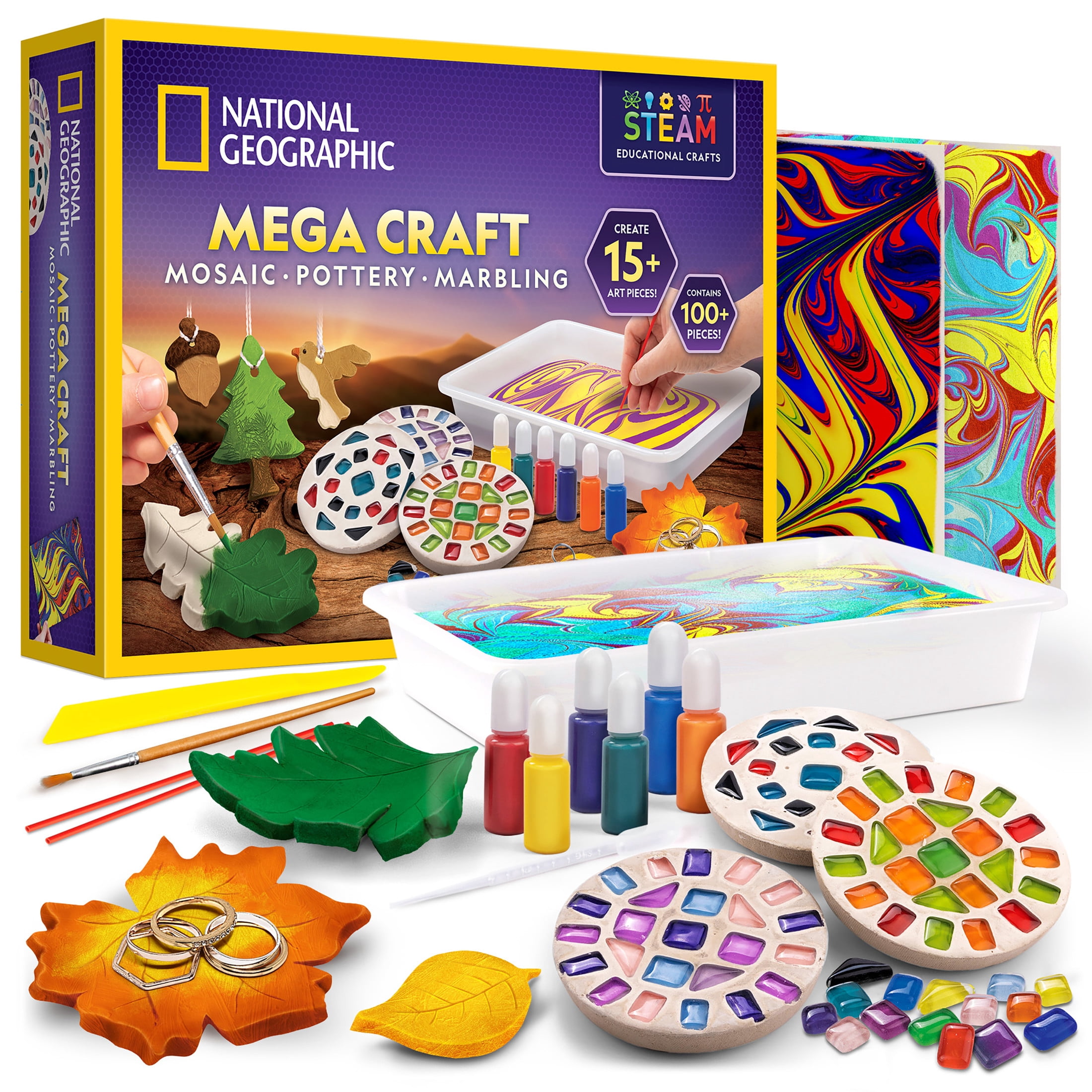 NATIONAL GEOGRAPHIC Mega Arts and Crafts Kit for Kids – Mosaic, Marbling Paint & Air Dry Clay Pottery Craft Kit for Kids Age 8-12