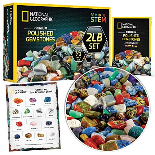 NATIONAL GEOGRAPHIC Premium Polished Stones - 2 Pounds of 1/2-Inch Tumbled Stones and Crystals Bulk, Arts and Crafts, Rock and Mineral Kit, Rocks for Kids, STEM Toys