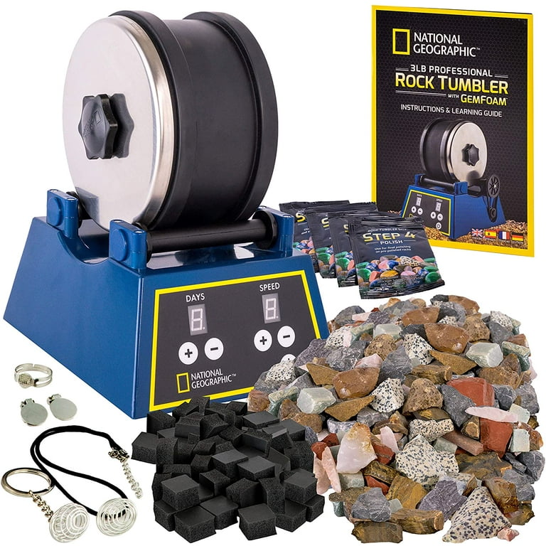 National Geographic Rock Tumbler Kit, 3lb Extra Large Capacity, 3lb Rough Gemstones, 4 Polishing Grits, Jewelry Fastenings, Educational Stem Science