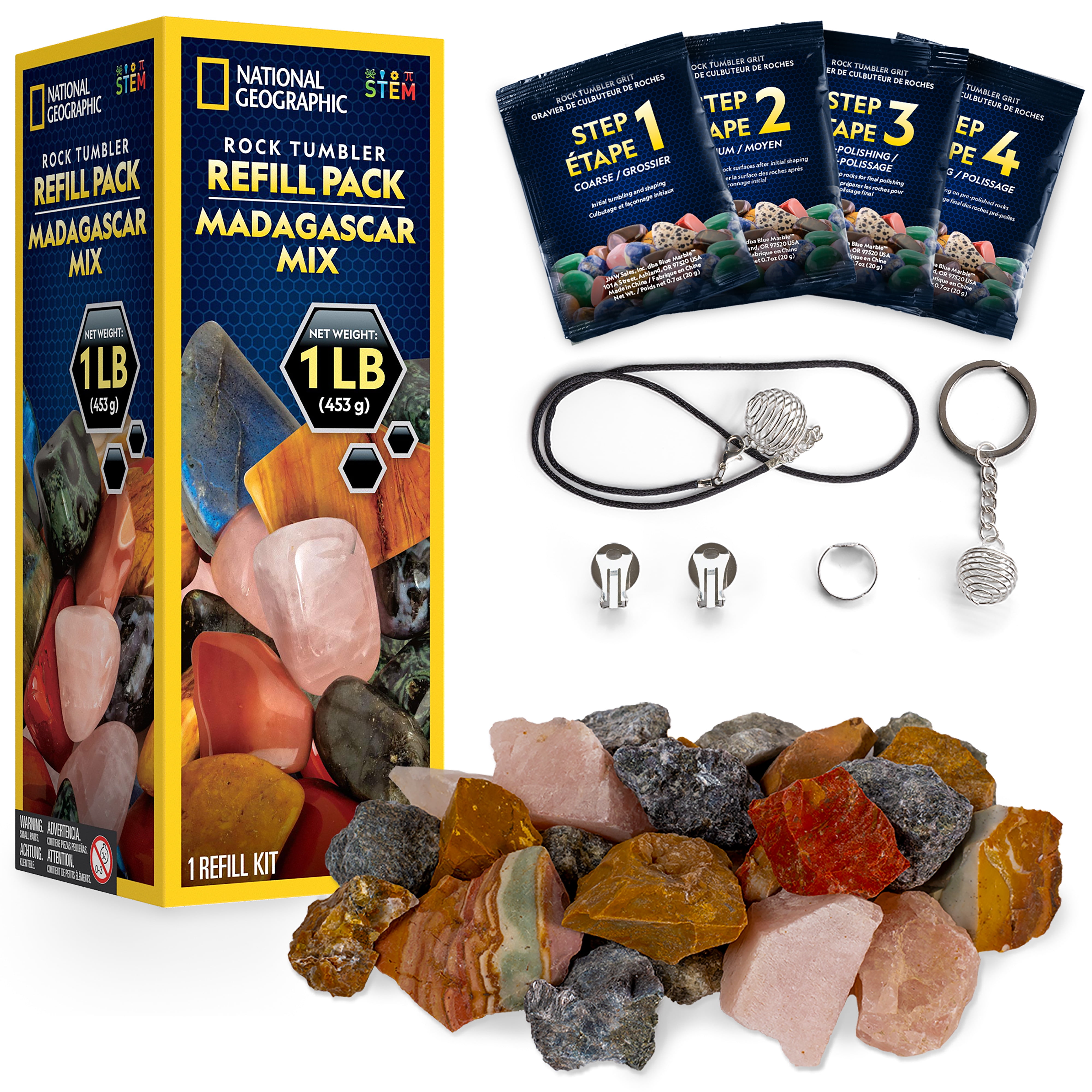 NATIONAL GEOGRAPHIC Rock Tumbler Refill Kit - 1 Lb. Madagascar Rough Rocks  for Tumbling, Rock Tumbler Grit and Jewelry Accessories, For All Ages 