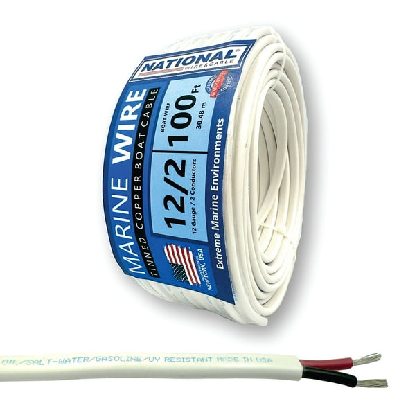 NATIONAL Wire&Cable - 12 Gauge 2 Conductor Marine Wire - 100 Ft - Made in USA - Tinned Copper Duplex Boat Wire