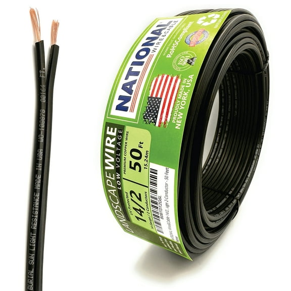 NATIONAL Wire&Cable 14/2 Low Voltage Landscape Lighting Wire - Made in USA - 14-Gauge 2-Conductor - 50 Feet
