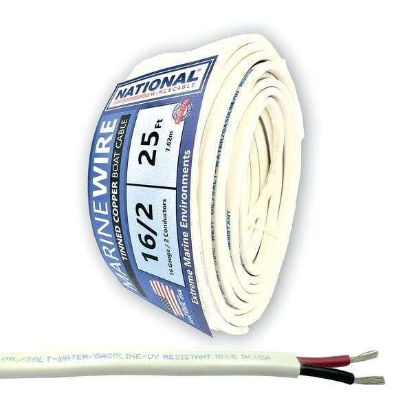 NATIONAL Wire&Cable - 16 Gauge 2 Conductor Marine Wire - 25 Ft - Made in USA - Tinned Copper Duplex Boat Wire