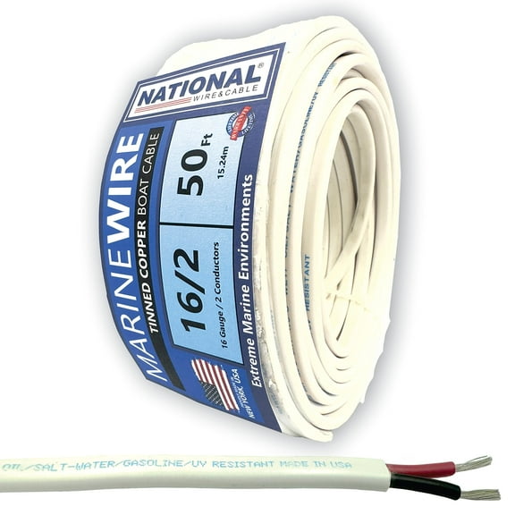 NATIONAL Wire&Cable - 16 Gauge 2 Conductor Marine Wire - 50 Ft - Made in USA - Tinned Copper Duplex Boat Wire