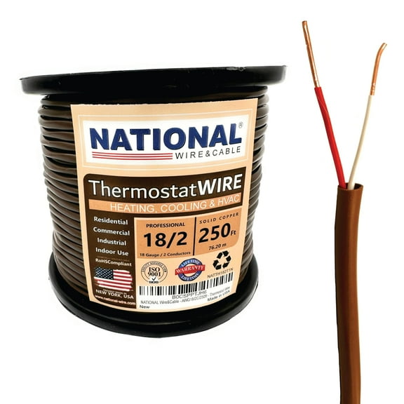 NATIONAL Wire&Cable - 18 Gauge 2 Conductor - 250Ft. - Thermostat Wire - Made in USA - 100% Solid Copper Conductors, CL2 ETL Listed