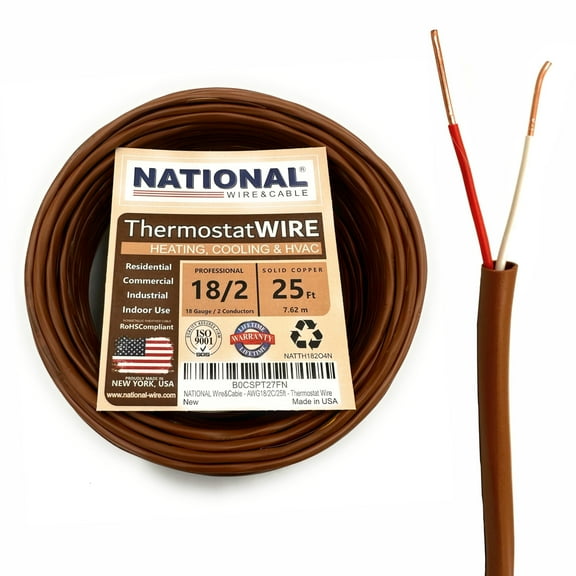 NATIONAL Wire&Cable - 18 Gauge 2 Conductor - 25Ft. - Thermostat Wire - Made in USA - 100% Solid Copper Conductors, CL2 ETL Listed