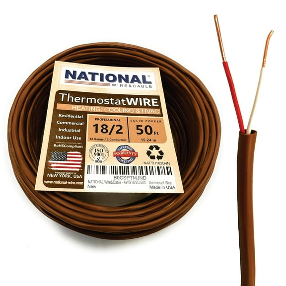 NATIONAL Wire&Cable - 18 Gauge 2 Conductor - 50Ft. - Thermostat Wire - Made in USA - 100% Solid Copper Conductors, CL2 ETL Listed