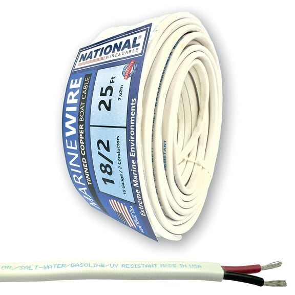 NATIONAL Wire&Cable - 18 Gauge 2 Conductor Marine Wire - 25 Ft - Made in USA - Tinned Copper Duplex Boat Wire
