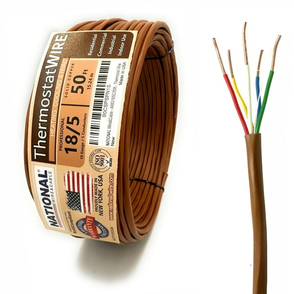 NATIONAL Wire&Cable - 18 Gauge 5 Conductor - 50Ft. - Thermostat Wire - Made in USA - 100% Solid Copper Conductors, CL2 ETL Listed