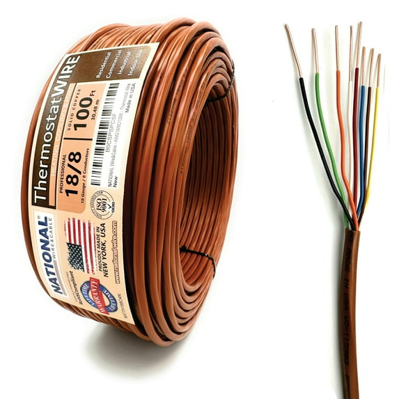 NATIONAL Wire&Cable - 18 Gauge 8 Conductor - 100Ft. - Thermostat Wire - Made in USA - 100% Solid Copper Conductors, CL2 ETL Listed