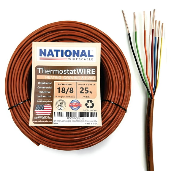NATIONAL Wire&Cable - 18 Gauge 8 Conductor - 25Ft. - Thermostat Wire - Made in USA - 100% Solid Copper Conductors, CL2 ETL Listed