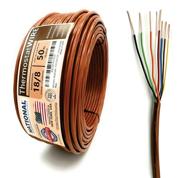 NATIONAL Wire&Cable - 18 Gauge 8 Conductor - 50Ft. - Thermostat Wire - Made in USA - 100% Solid Copper Conductors, CL2 ETL Listed