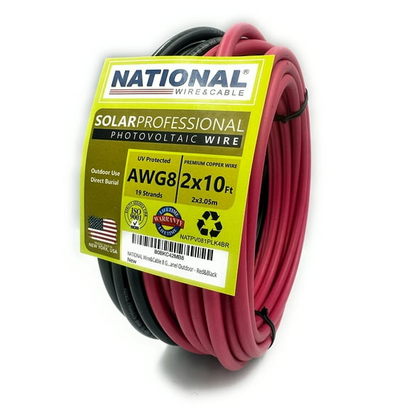 NATIONAL Wire&Cable - 8 Gauge Solar Panel Professional Wire - Made in USA - 2x10 Ft Copper PV Wire UL Listed