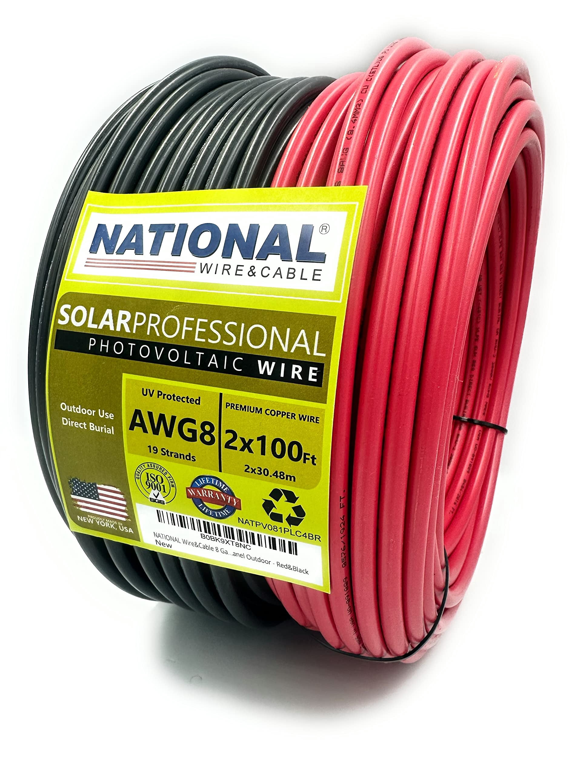 NATIONAL Wire&Cable - 8 Gauge Solar Panel Professional Wire - Made in USA - 2x100 Ft Copper PV Wire UL Listed