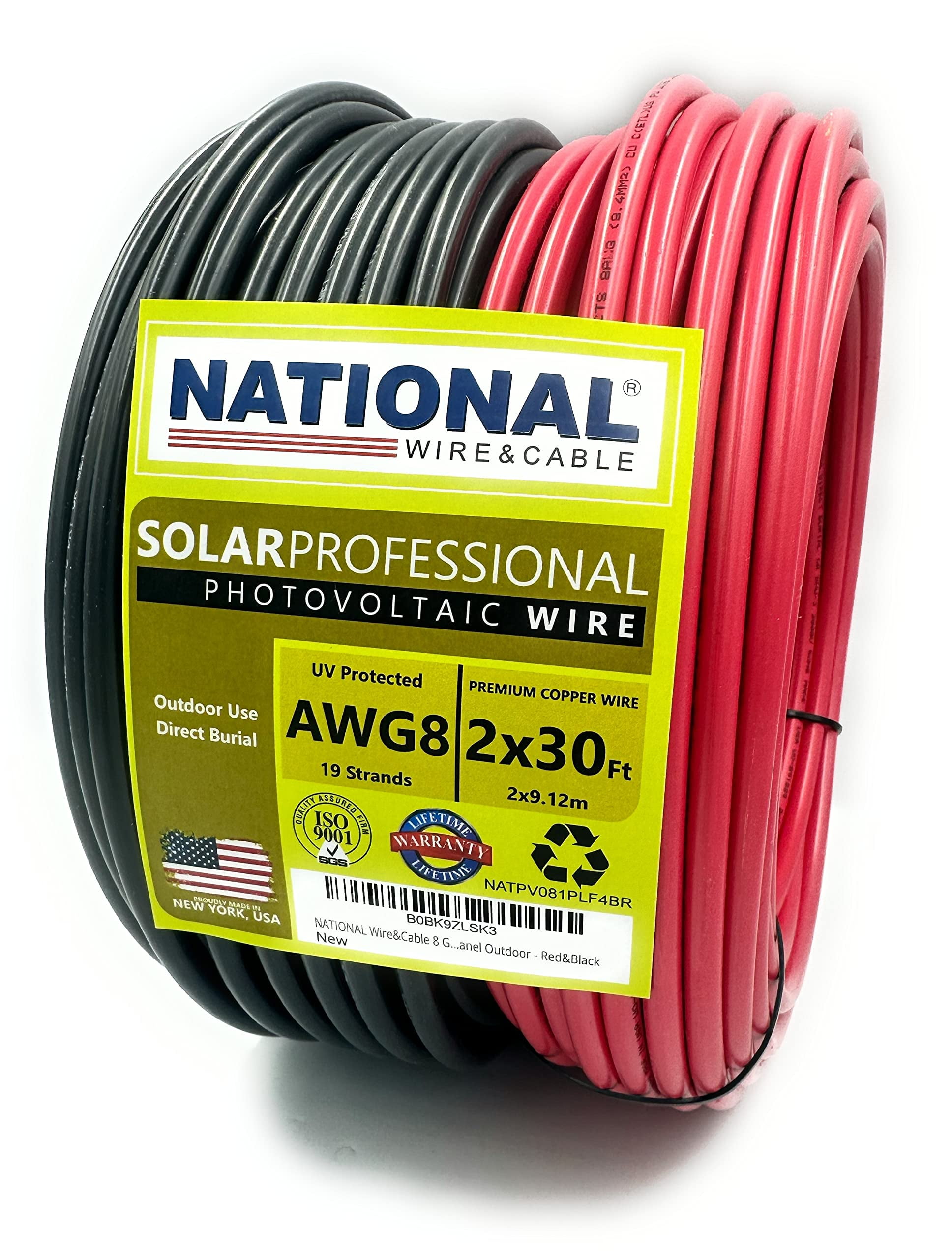 NATIONAL Wire&Cable - 8 Gauge Solar Panel Professional Wire - Made in USA - 2x30 Ft Copper PV Wire UL Listed